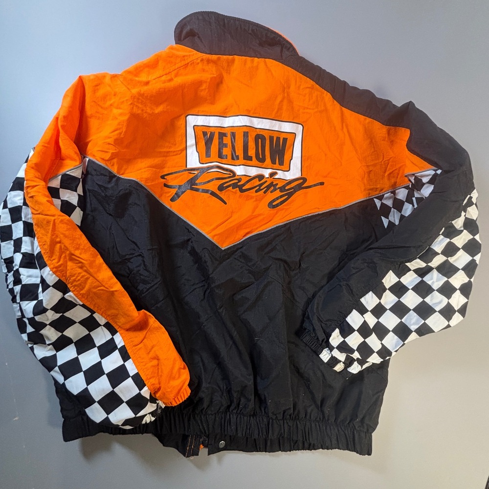 Swingster Yellow Racing Jacket Men XL USA Checkered Flag Orange Vintage 2000